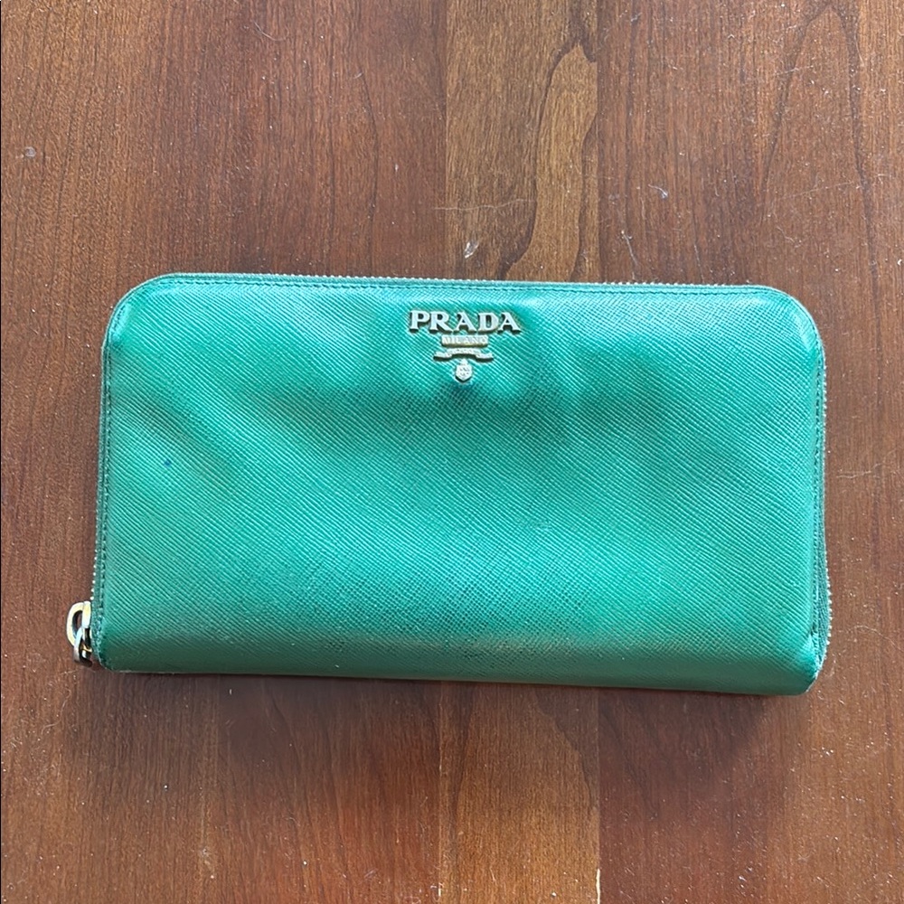 Prada Green Leather Wallet Zip-Around